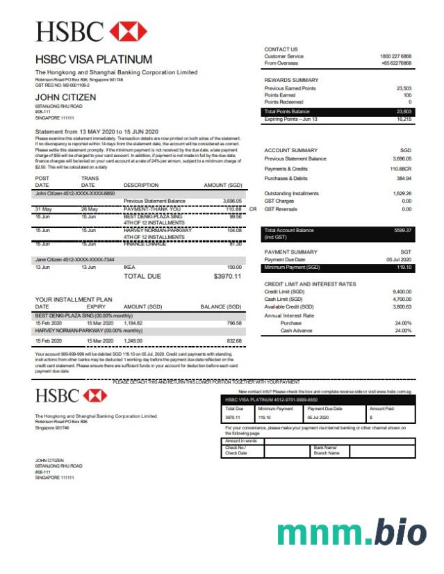 Hong Kong Hsbc bank Visa Platinum Credit card statement szablon w .xls i .format pliku pdf